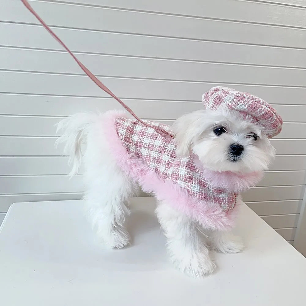 Female pink cat costume set with cape, beret, and hand holding rope for events