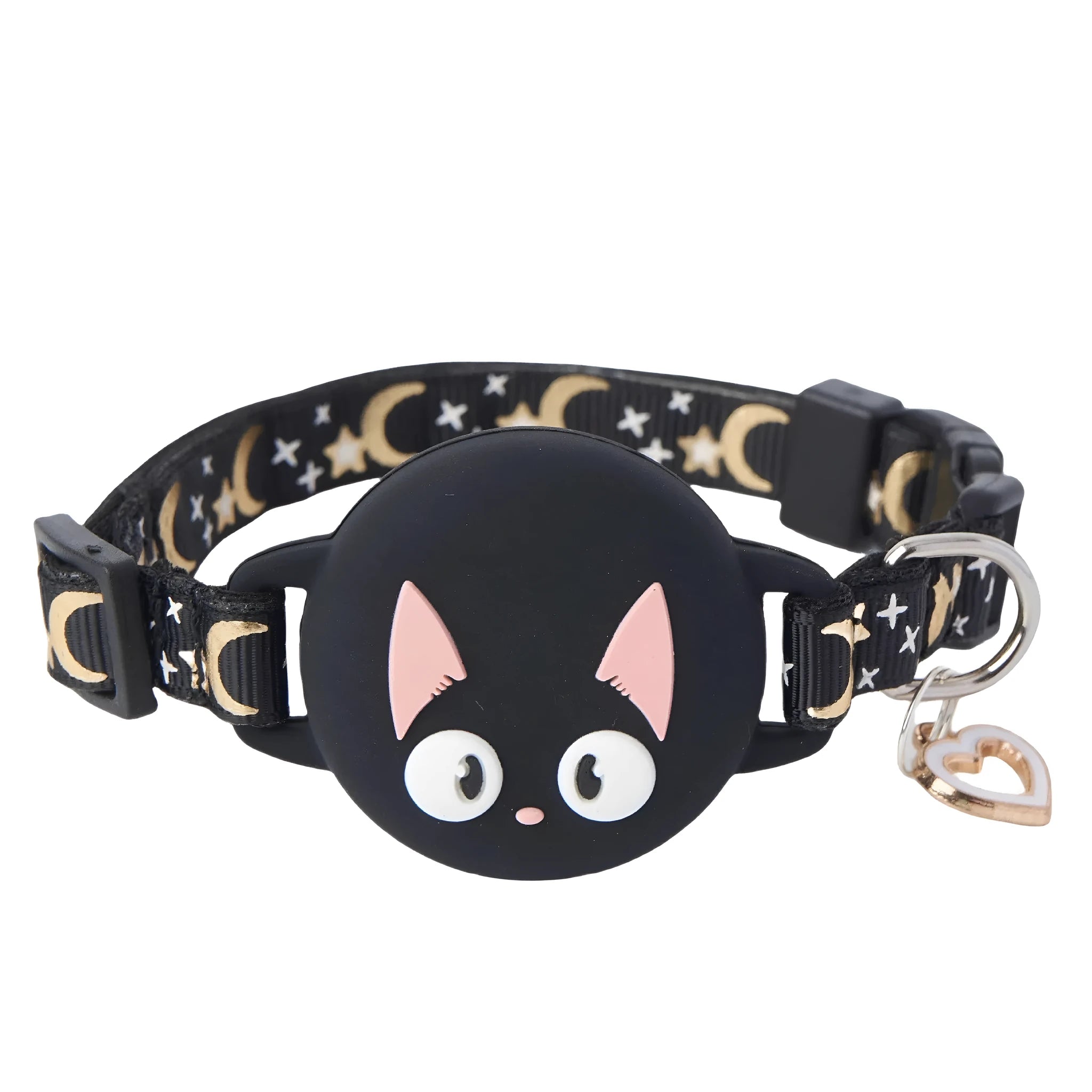 Plastic Apple AirTag protective case for cat collars in pink, showing attachment loop.