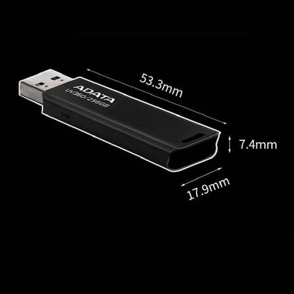 Black car USB flash drive showing compact dimensions and USB 3.2 connector