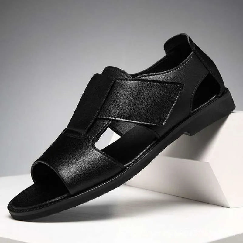 Men's black casual cowhide sandals with open toe and rubber sole