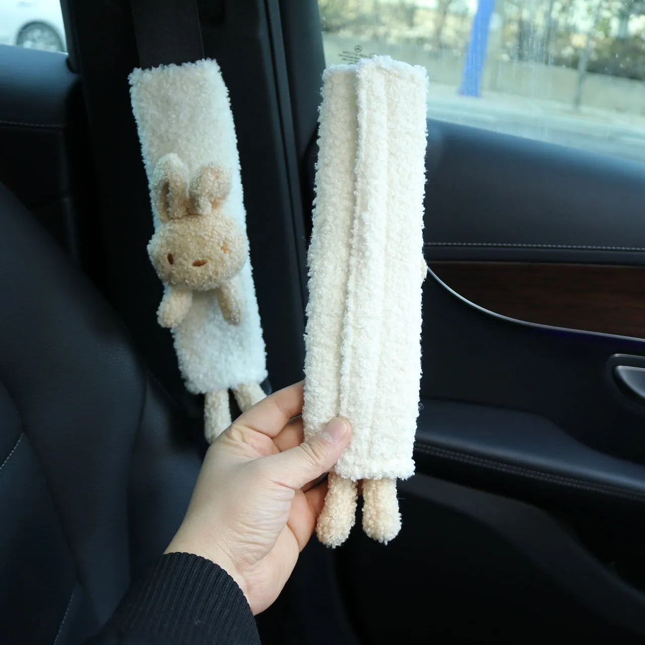 Lamb wool car seatbelt shoulder protector with cartoon bear design