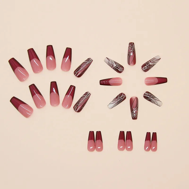French line pattern fake nails with glue on white background