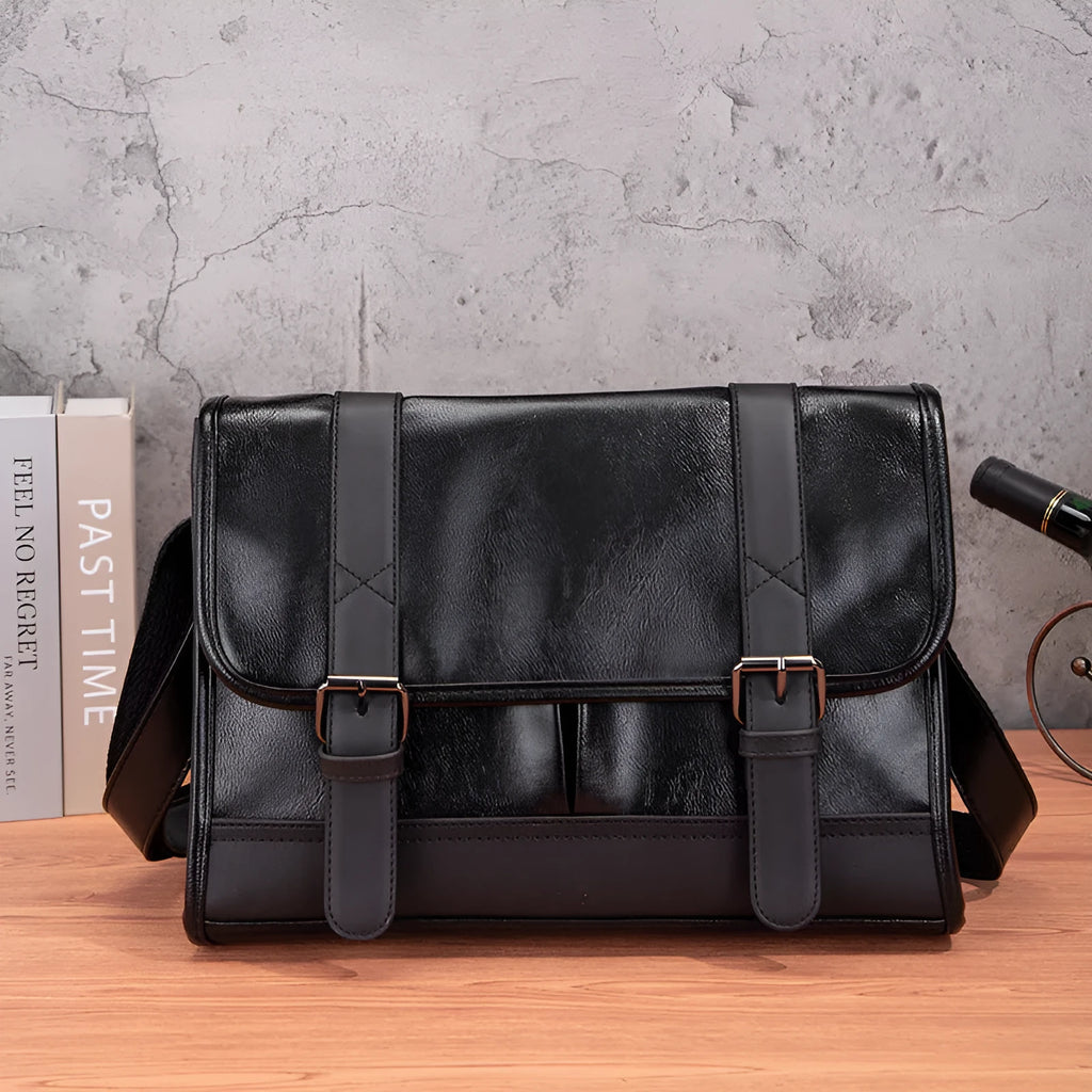 Black Korean style men's anti-theft commuter backpack with PU material and sewing thread design
