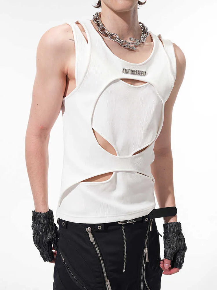 Men's sleeveless white waistcoat with hollow thread detail and round neck pullover design