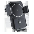 Black car wireless charger mobile phone holder showing both suction cup and clip mounting options for 15W charging