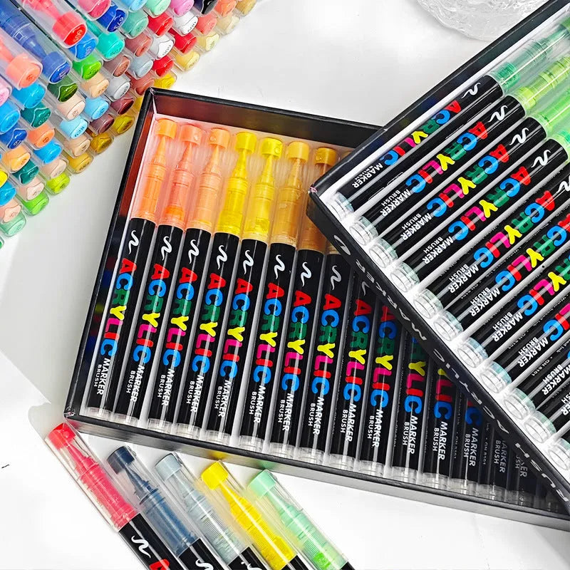 Straight acrylic marker pens with soft tips in multiple colours arranged by set size