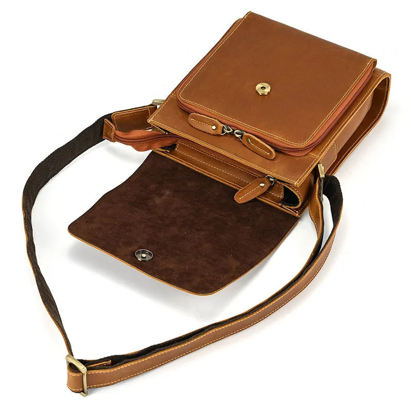 Men's brown leather crossbody shoulder bag with retro styling and sewing detail accents