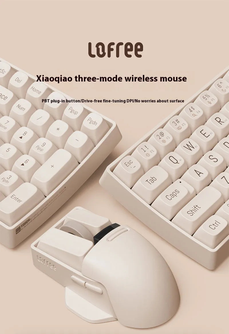 Xiaoqiao tofu-coloured wireless mouse with multiple buttons beside its Type-C charging cable and wireless receiver.