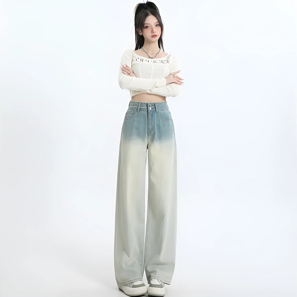 Gradient blue wide-leg straight-leg women's trousers in cotton denim fabric.