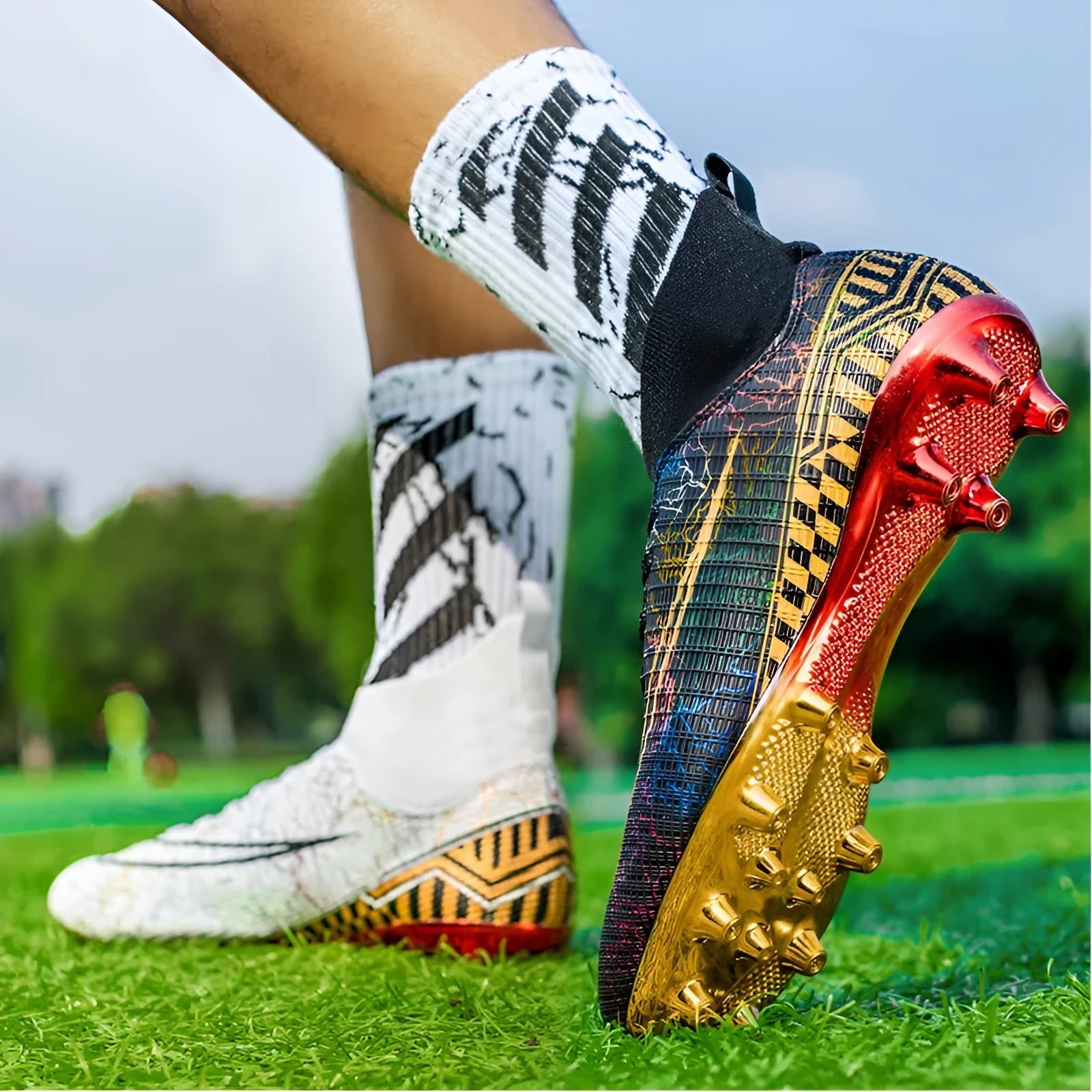 Men's high-top football shoes with gold plated sole in white, black, and mandarin duck colours.