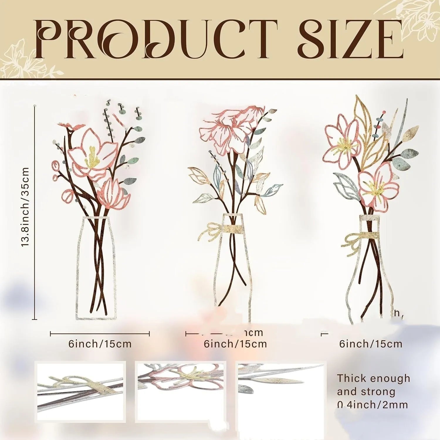 Set of three metal flower wall art pieces with colour vase designs for farmhouse bathroom decoration
