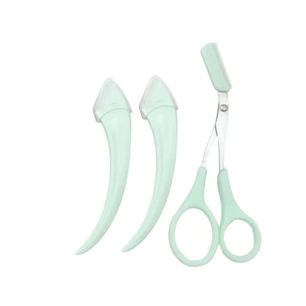 Curved moon eyebrow trimming knife with cutting comb in stainless steel and plastic construction