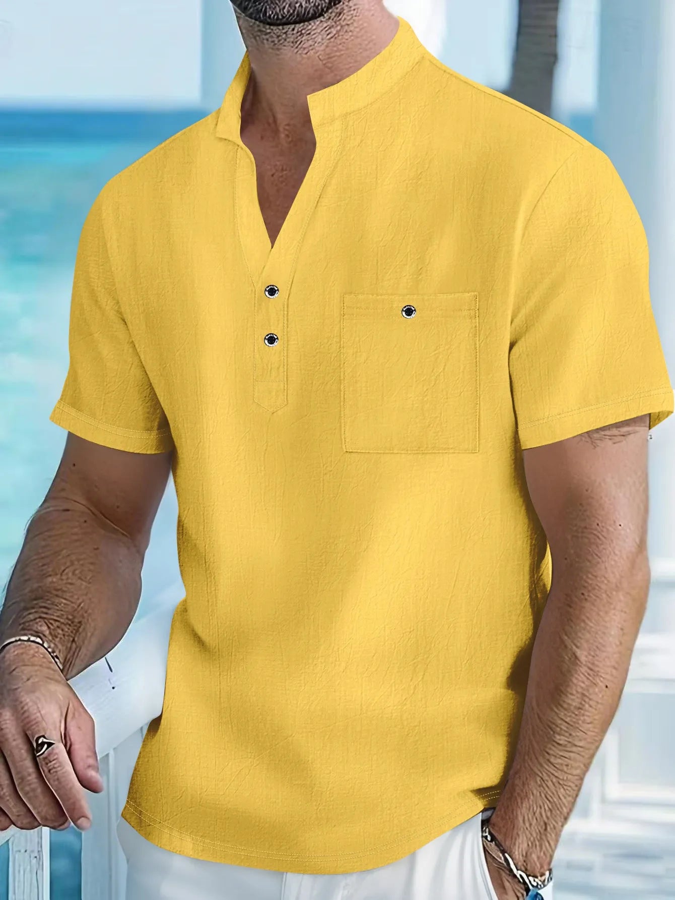 Men's linen stand collar t-shirt in light blue colour with short sleeves and loose fit
