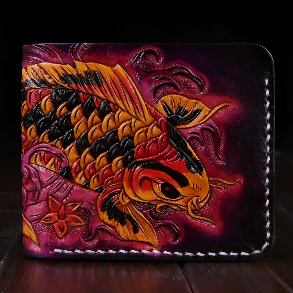 Men's hand-carved cow leather short wallet in red, blue, or gold colour, showing open closure design.
