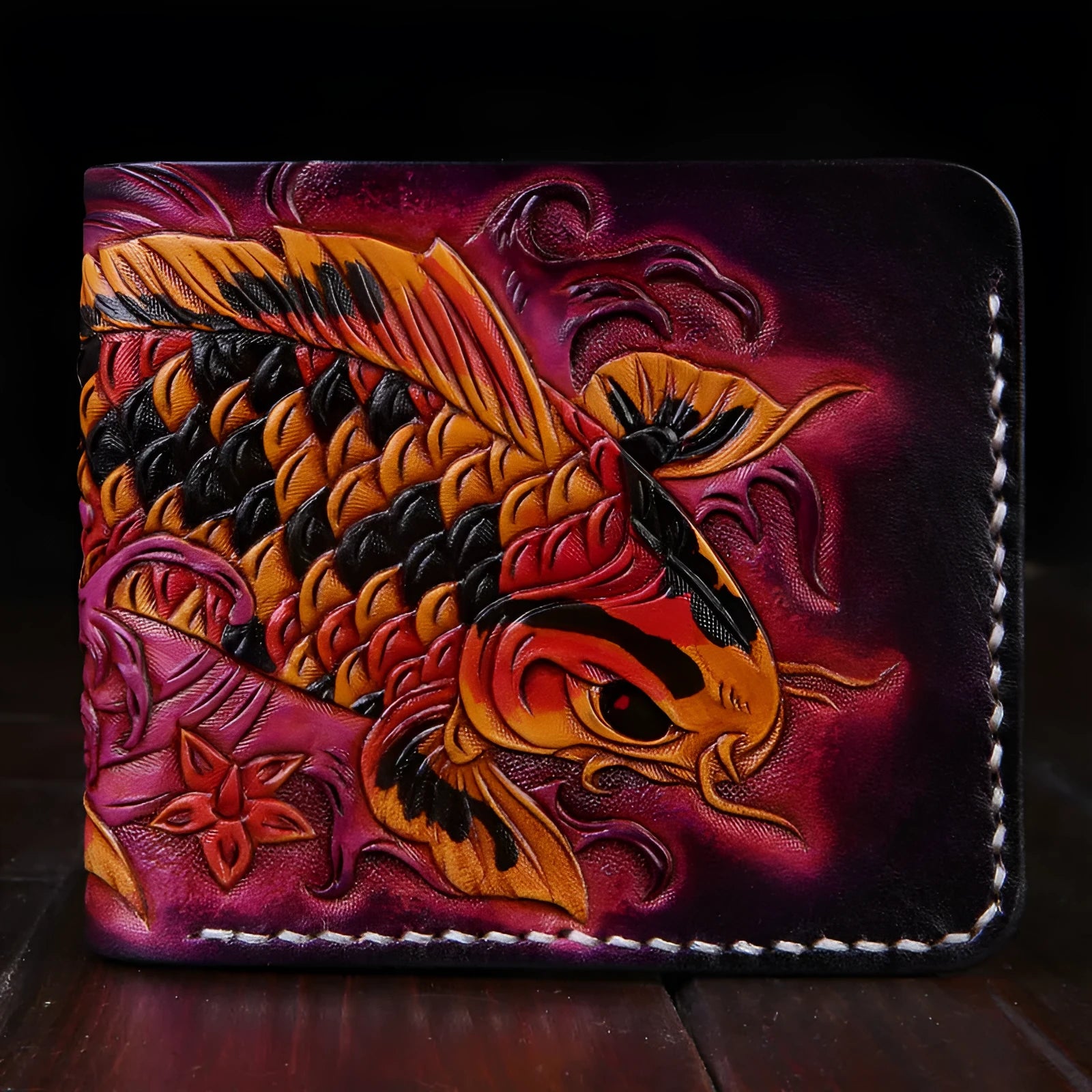 Men's hand-carved cow leather short wallet in red, blue, or gold colour, showing open closure design.