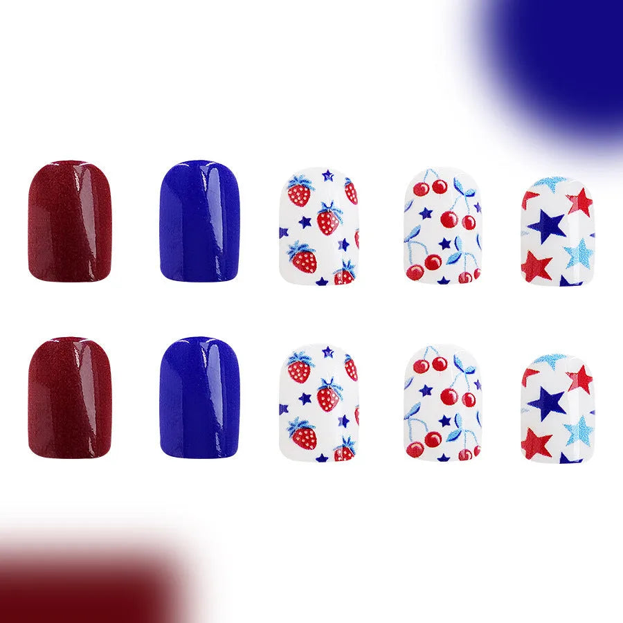 Short glossy nail stickers with red and blue strawberry and cherry pattern, 24 pieces.
