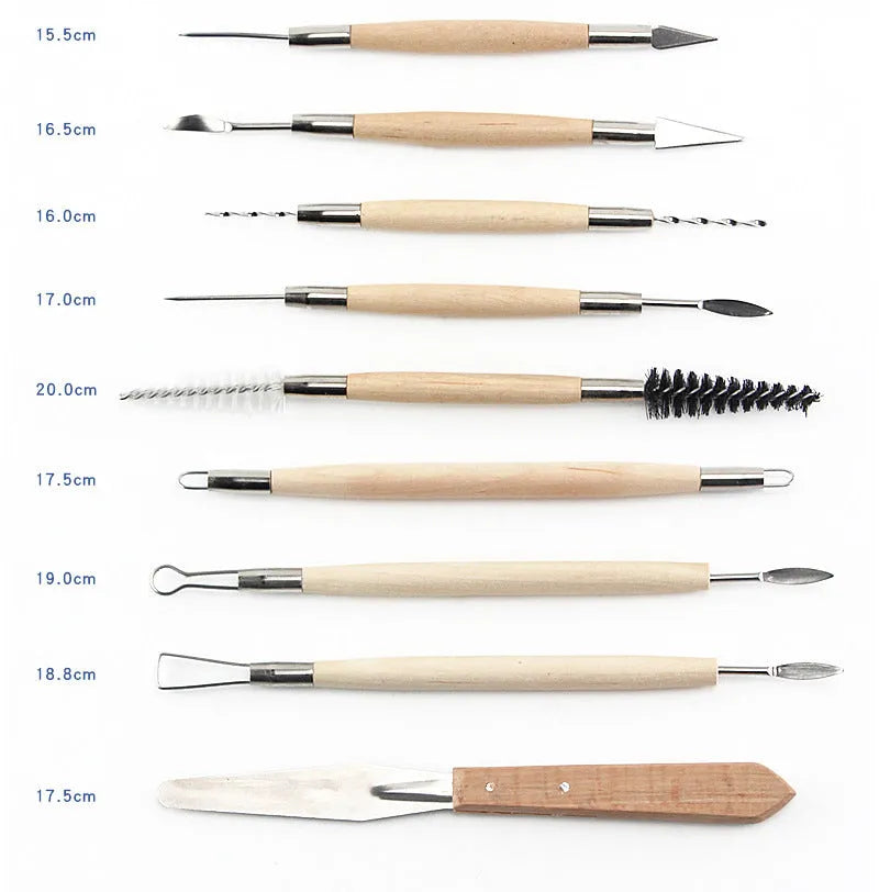 27-piece pottery clay tool set containing stainless steel, wood, and plastic tools for sculpture work