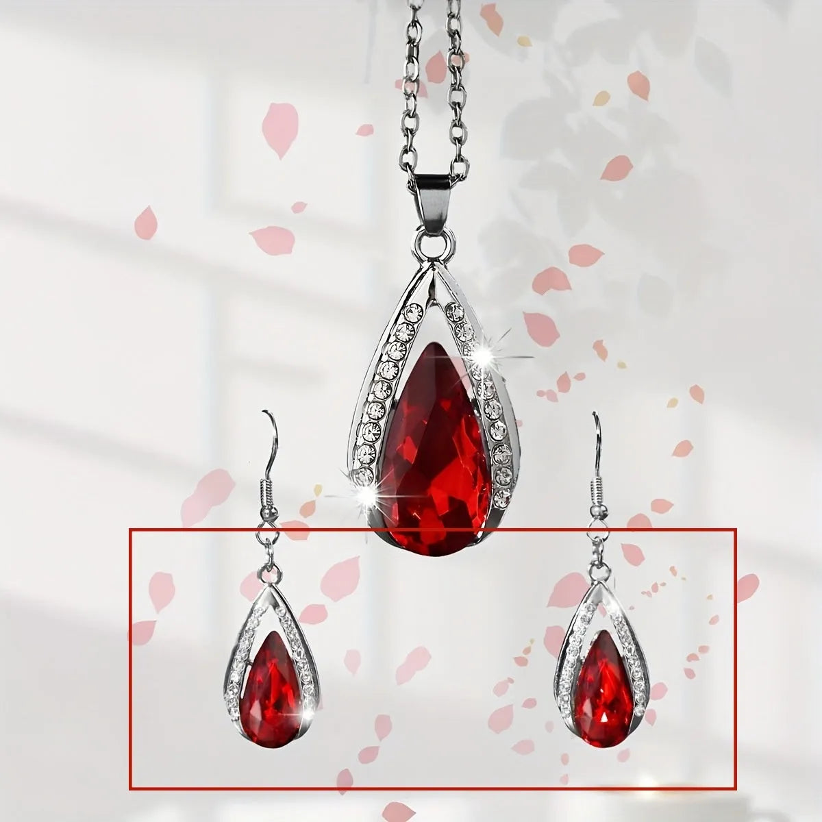 Black and red teardrop glass pendant necklace and earrings jewellery set