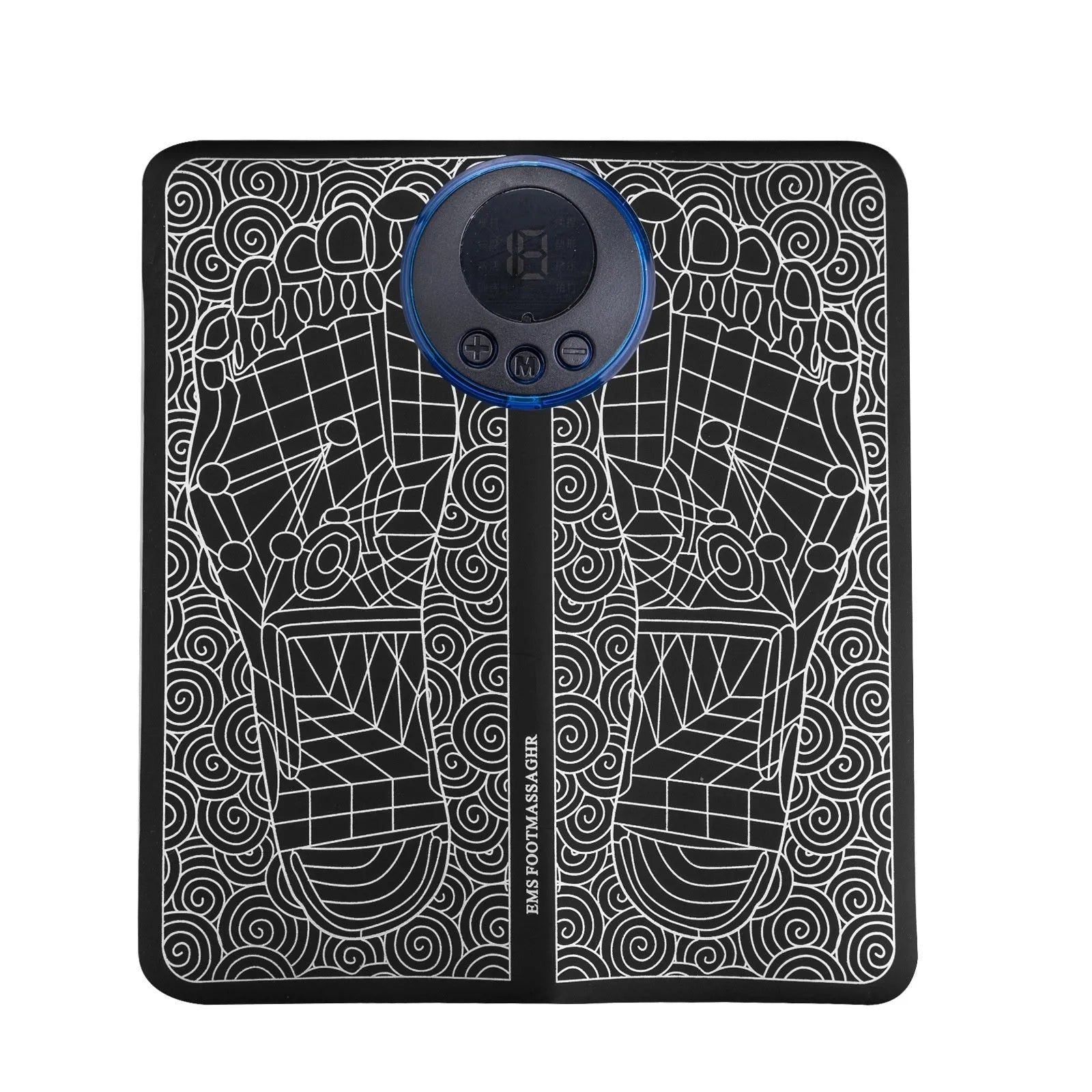 English Style leather foot massage cushion with wireless remote control and LCD display showing massage modes.