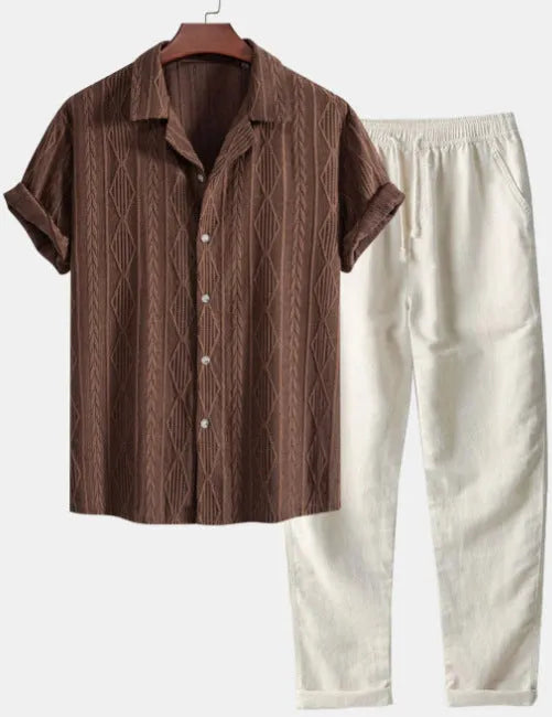 Linen polyester casual suit set with digital camouflage print, showing short sleeve shirt and trousers in slim fit