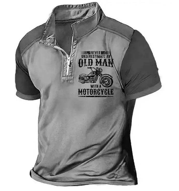 Men's grey casual polo shirt with a lapel collar and large white digital letter print on the front.