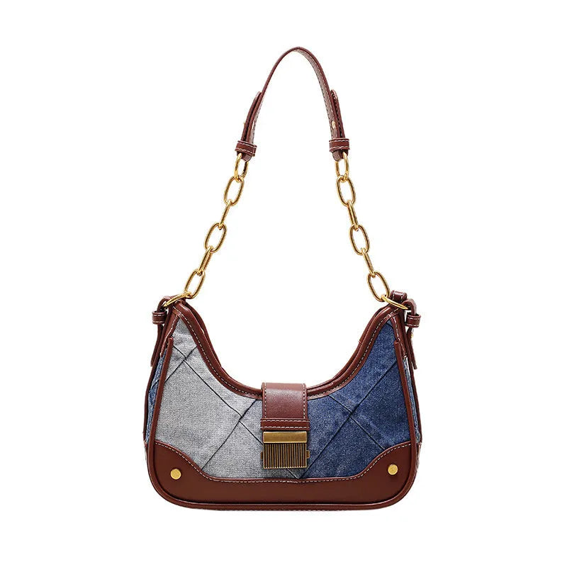 Brown denim women's shoulder bag with diamond mesh chain design and internal phone compartment