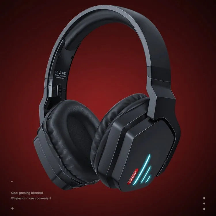 Luminous black wireless gaming headphones with over-ear design showing head-mounted construction