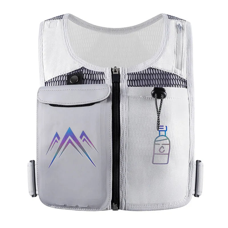 Black breathable mesh running vest with phone compartment and optional hydration flask for outdoor sports