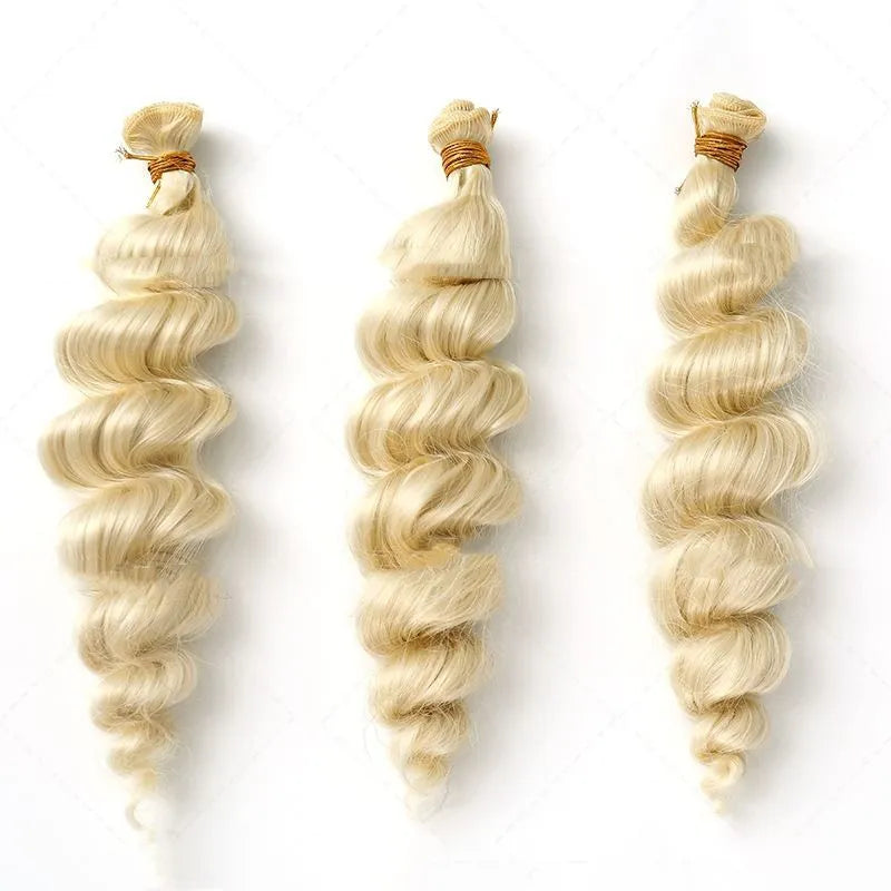 Golden straight synthetic hair weft wig for women shown in three length options.