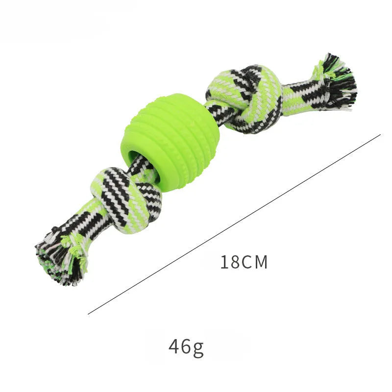 Blue molar-shaped dog chew toy with white ropes for teeth cleaning