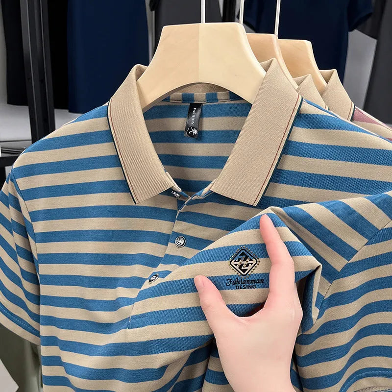 Men's striped mosaic pattern short sleeve casual t-shirt in red, blue, or green colour.