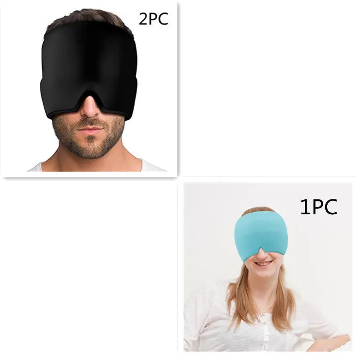 Black elastic cloth gel cold therapy eye mask for headache relief on grey background.