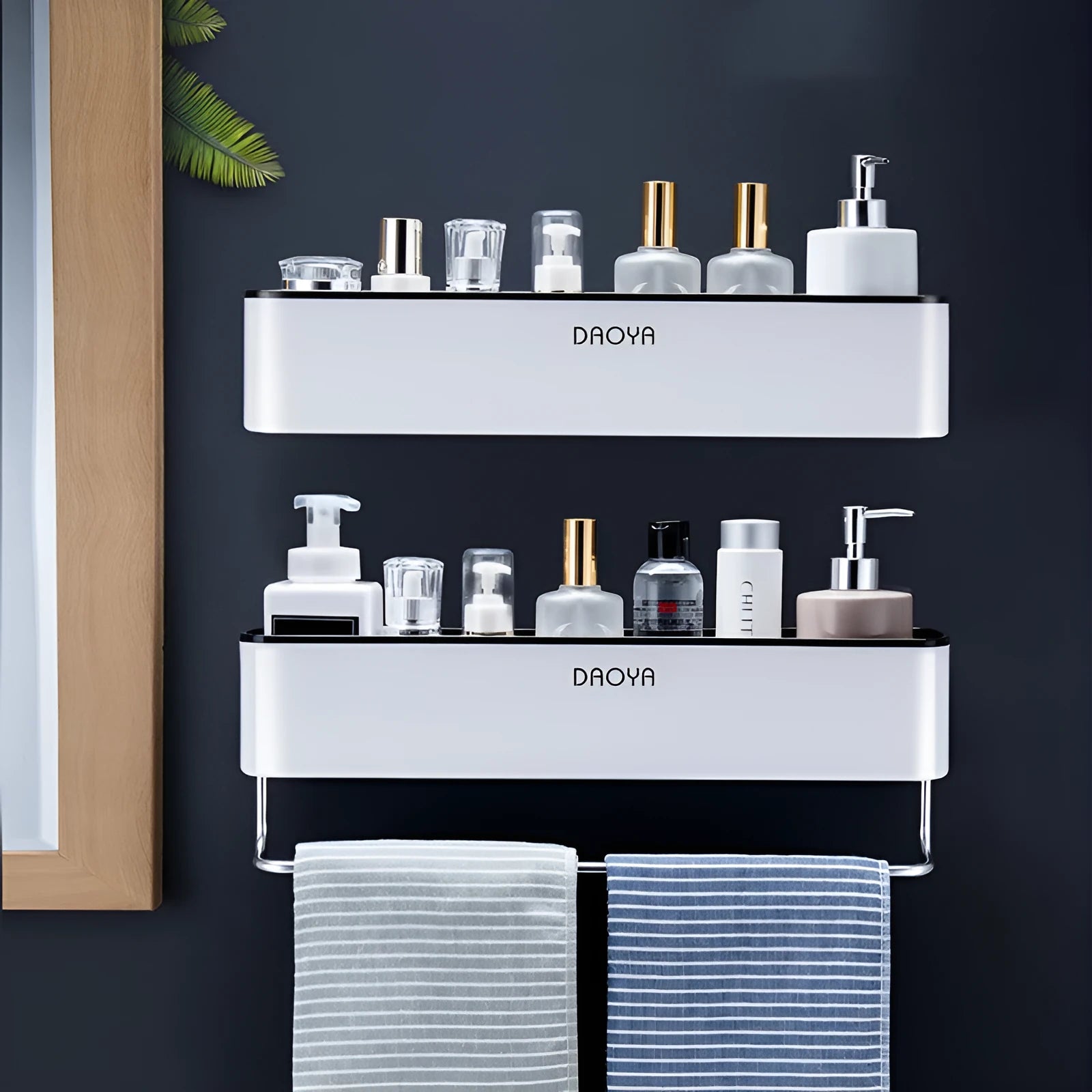 Plastic bathroom wall shelf with hole-free installation on a polished wall