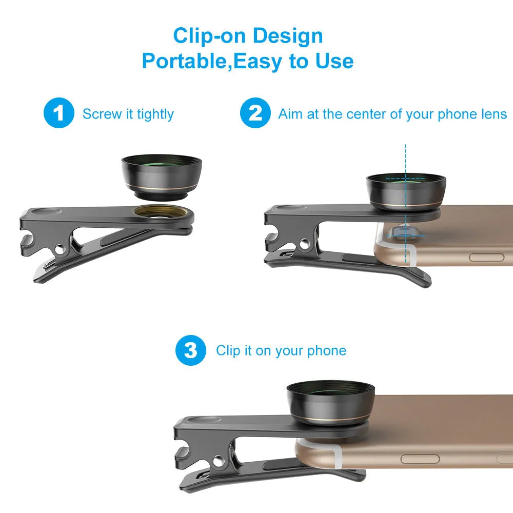 Black 6-in-1 smartphone camera lens kit with fisheye, macro, wide-angle, telephoto, CPL, and star filter lenses and a universal clip.