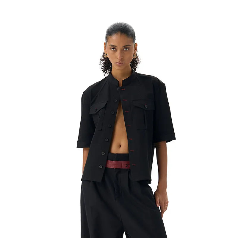 Handmade black hunting suit shirt with half sleeves, shirt collar, and single-breasted placket