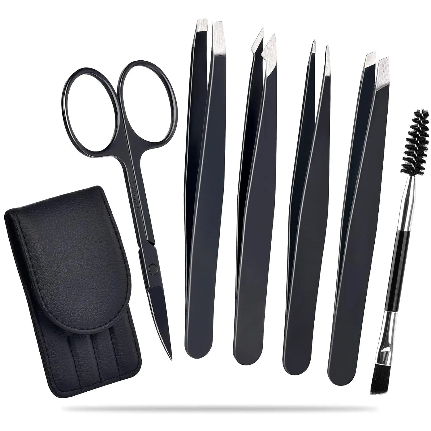 Professional six-piece eyebrow tweezers set with stainless steel tools and leather protective case