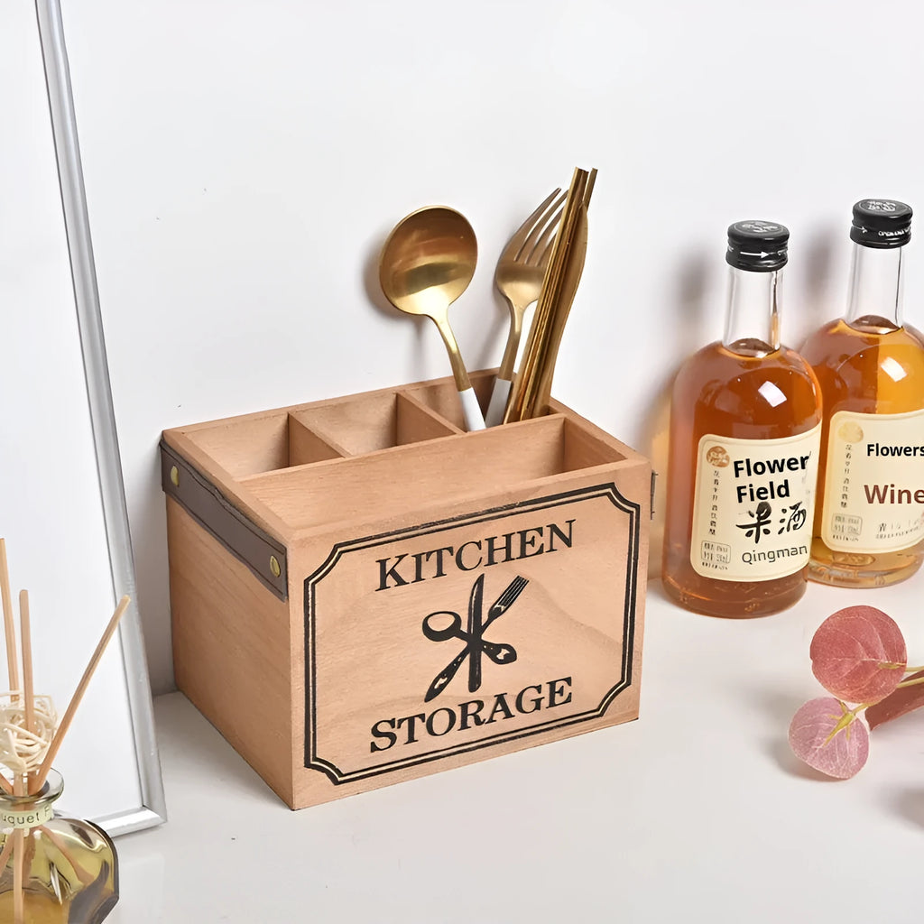 Wooden kitchen storage box with internal grid compartments for organising cutlery and chopsticks