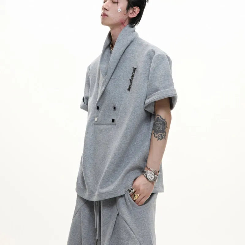 Men's dark gray V-neck cotton sports suit with metal embellishments on t-shirt and matching shorts