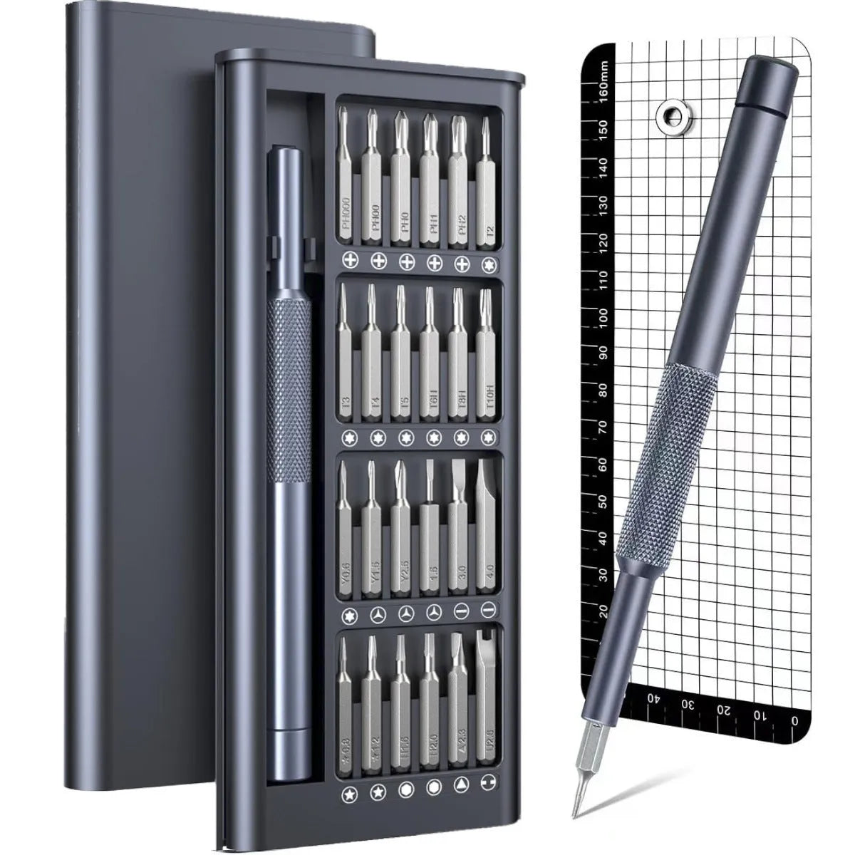 Compact 25-in-one magnetic screwdriver set with chrome vanadium steel shaft and black ABS handle.