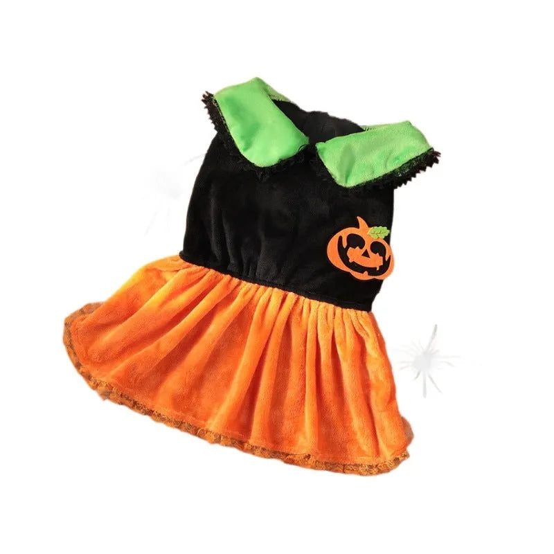 Halloween pumpkin skirt and sweater pet costumes in crystal velvet for dogs and cats