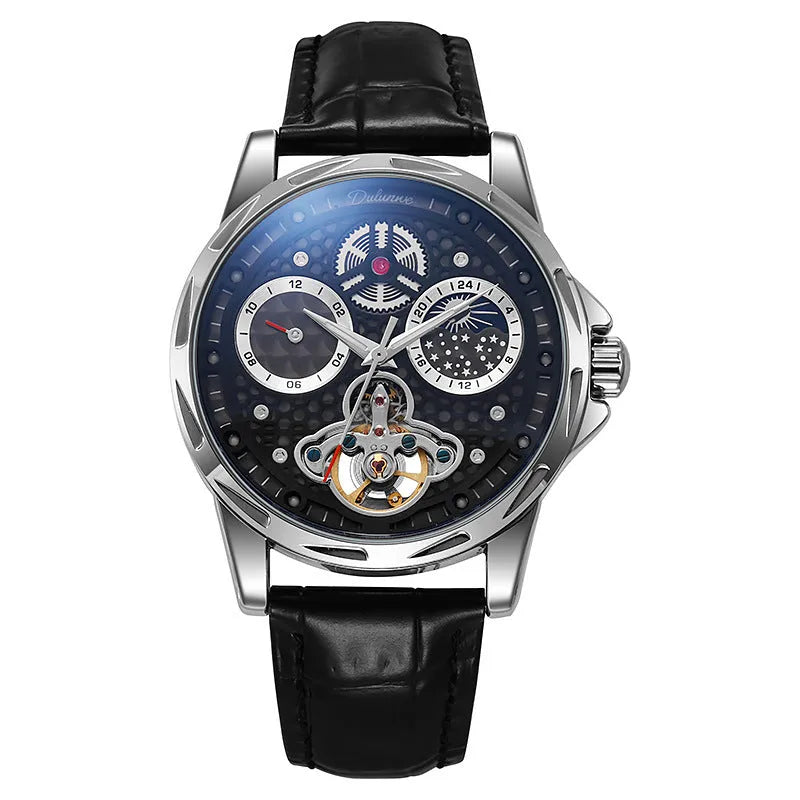 Men's automatic business watch with luminous dial and choice of steel or leather strap in black or white