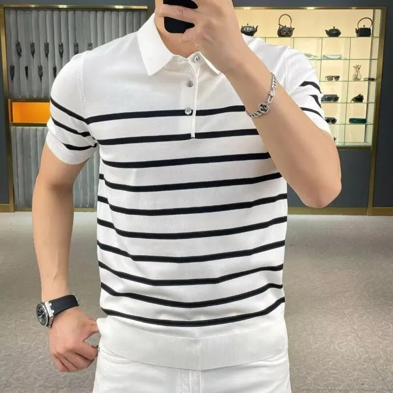 Black and white striped pullover knitted t-shirt with lapel detail and non-iron chemical fibre blend fabric