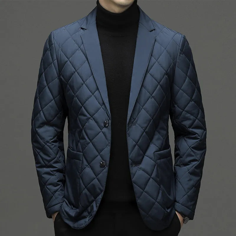 Men's black winter down jacket with cardigan-style lapel and side seam pockets