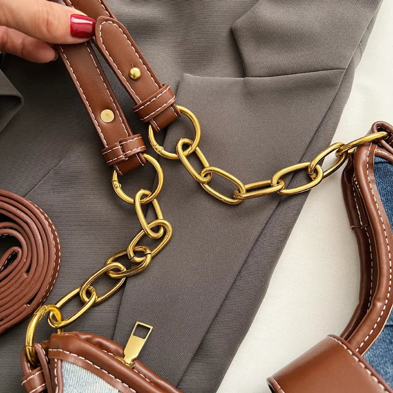 Brown denim women's shoulder bag with diamond mesh chain design and internal phone compartment