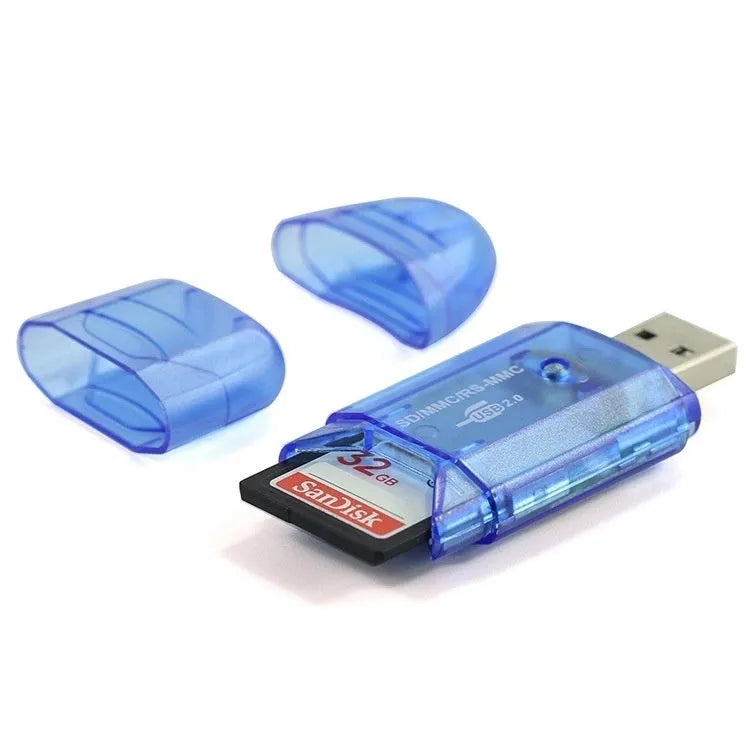Transparent USB card reader with LED light showing memory card slots and USB plug