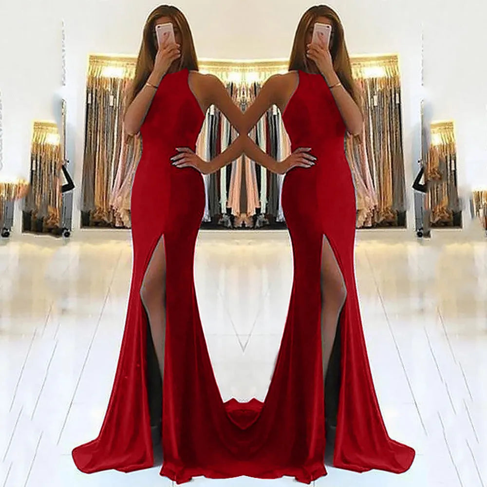 Long red ladies evening dress with a high waist and large swing skirt, featuring a zipper closure.
