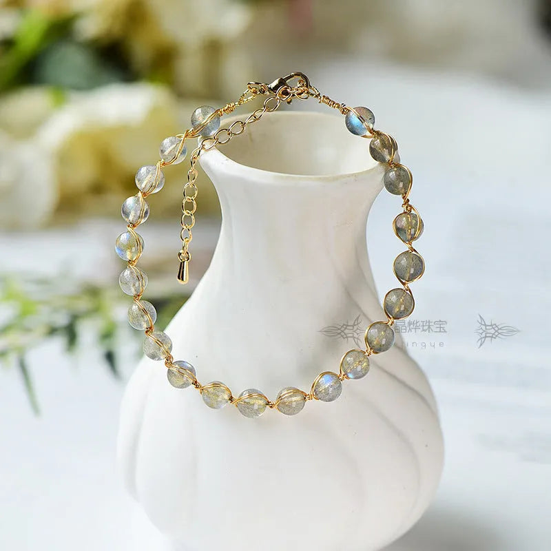 14K gold gilded women's bracelet with 6mm natural blue moonstone crystal beads