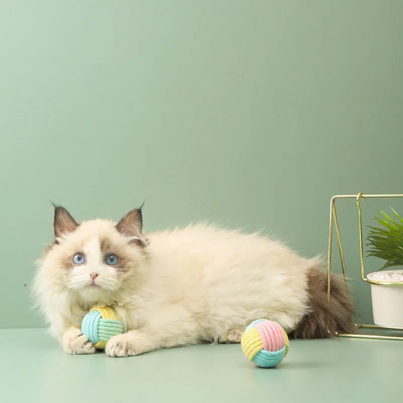 Handmade plush cotton cat hair ball toy in mixed colours, shown next to a ruler indicating 5cm size.