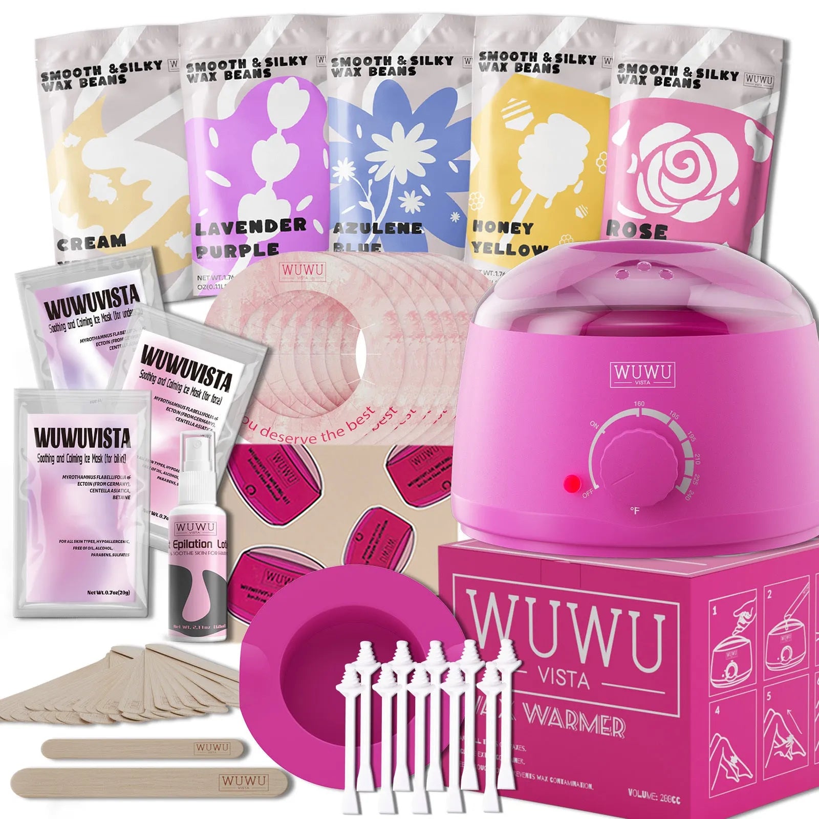 Professional waxing kit with five wax variants, warmer, tools and aftercare products