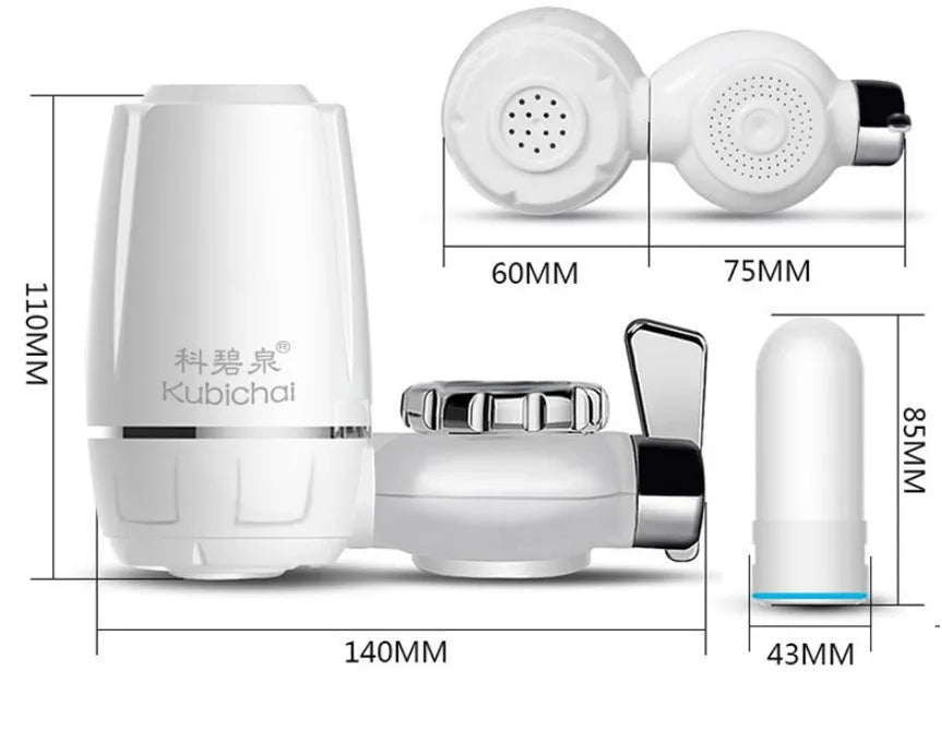 White plastic faucet-mounted water filter with ceramic cartridge and tap adapters